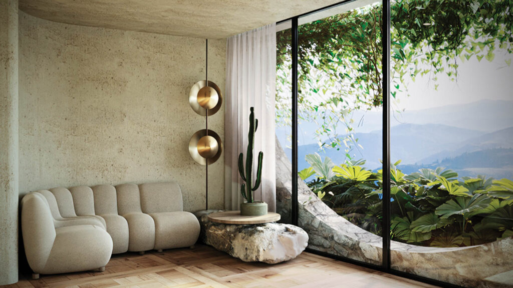 a rendering of a hotel's guest suite with views of the mountains