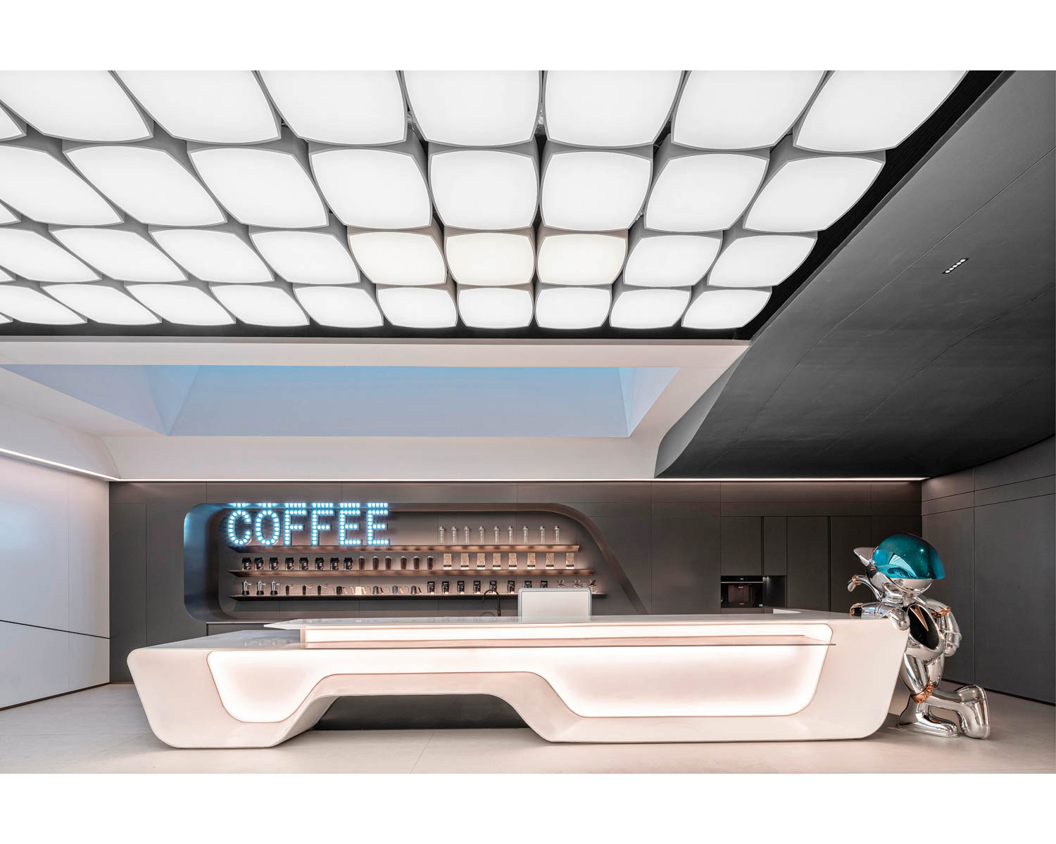 a trendy coffee shop with futuristic elements