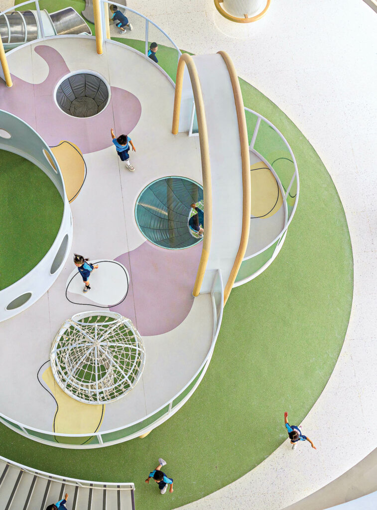 an aerial view of the playground inside a primary school