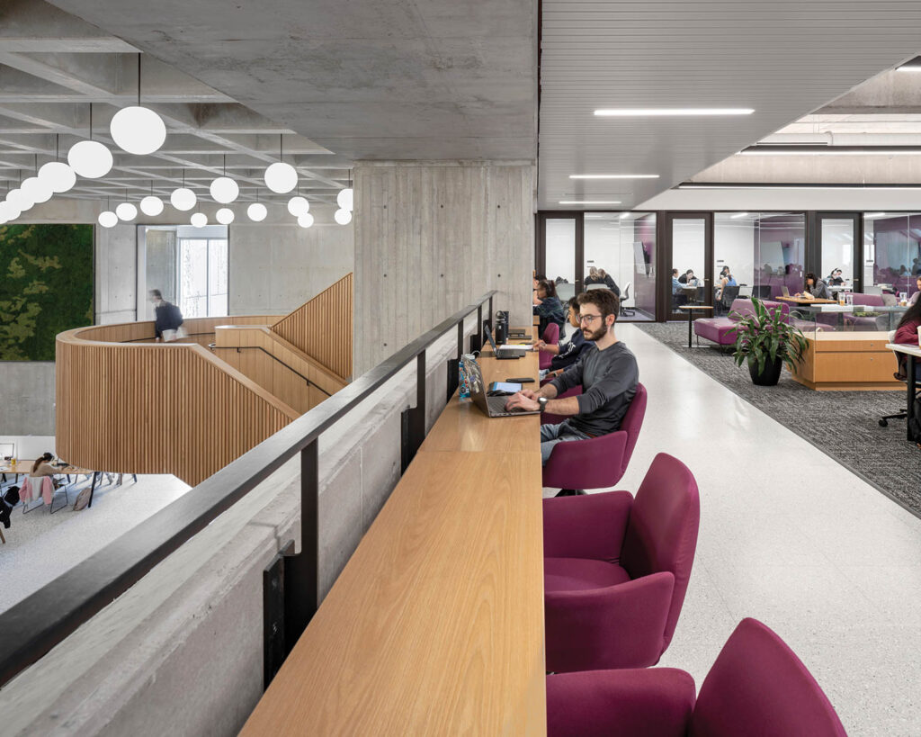 mauve chairs line the working countertop at this library