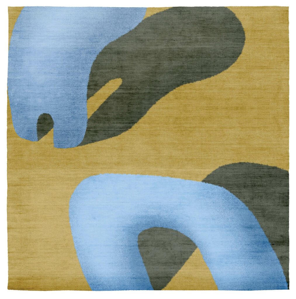 a rug with a curved blue abstract pattern that appears to have a shadow