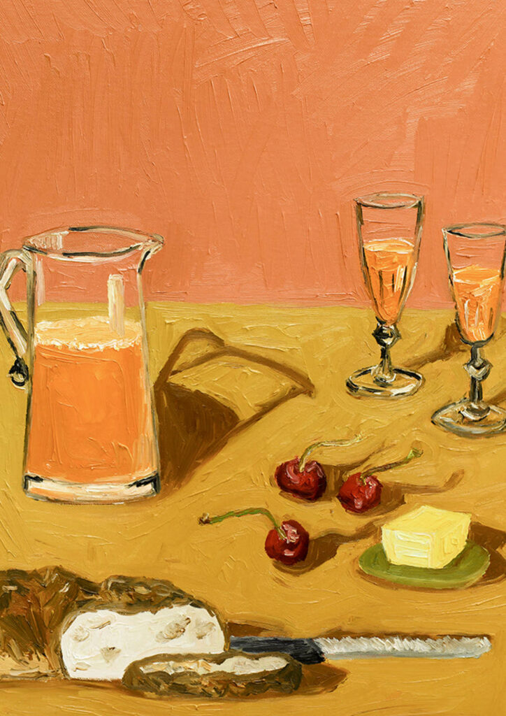 a still life oil painting on canvas of a dining table with a pitcher of juice, cherries, and bread and butter