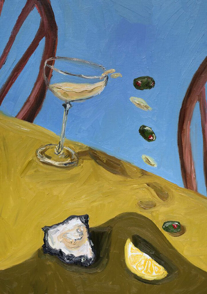 a still life oil painting on canvas of a table with a tipping martini, oyster, and lemon