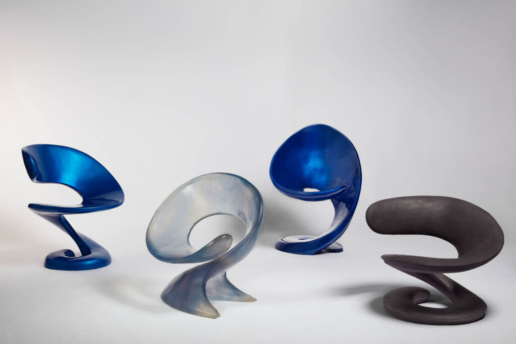 Blue and gray sculptural chairs by Louis Durot