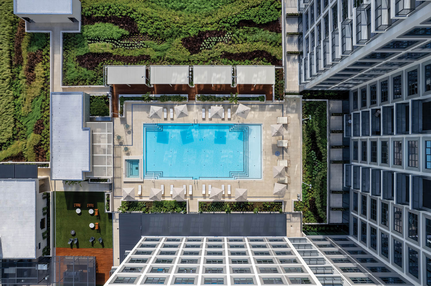 Asher residential complex with overhead view of the pool