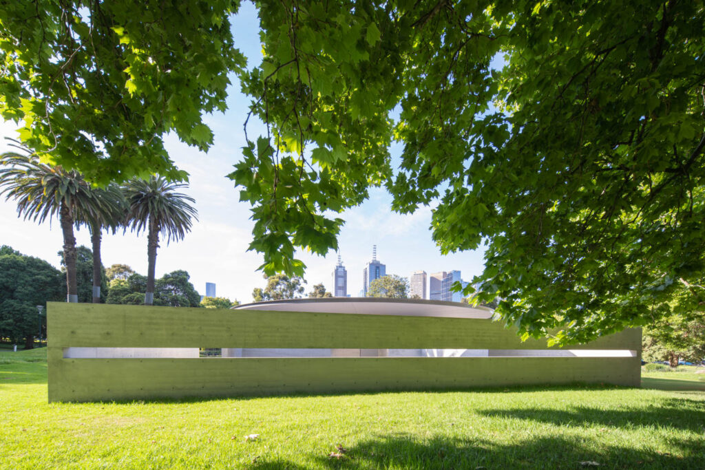 Exterior of MPavilion 10, designed by Tadao Ando, located in the Queen Victoria Gardens in Melbourne.