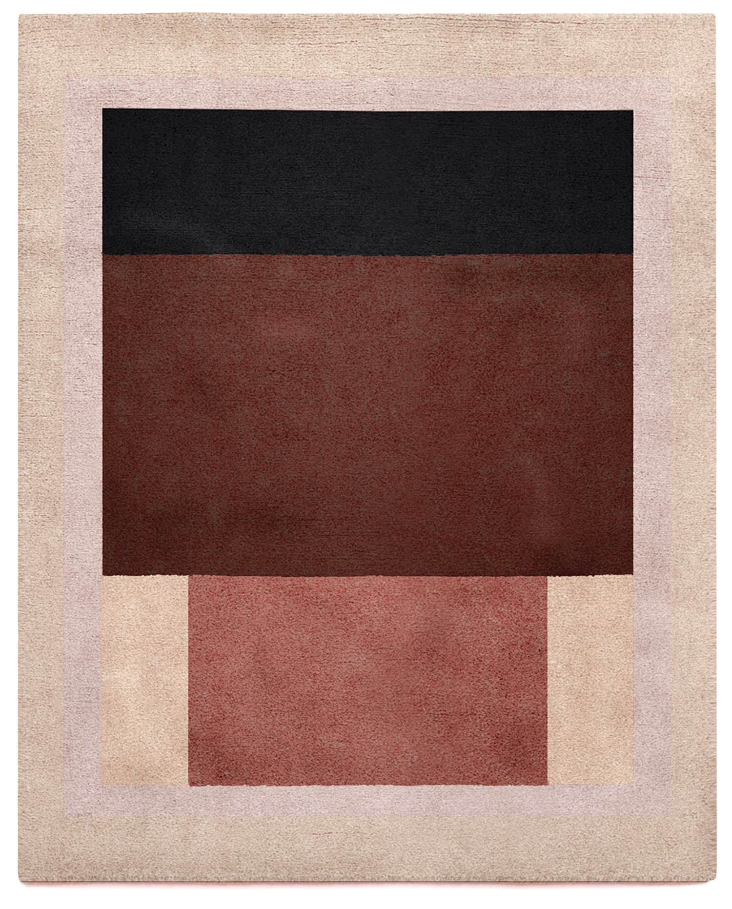 a beige rug with black and red rectangles